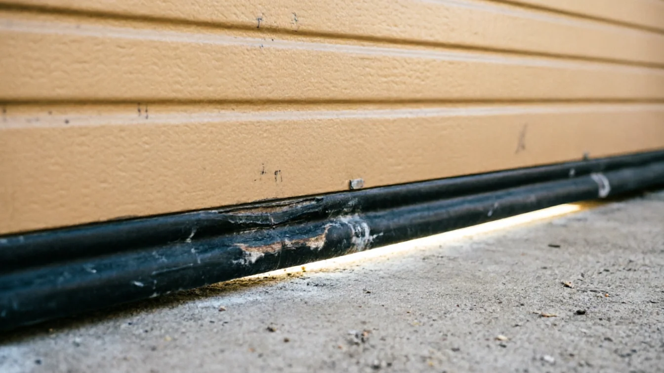 The bottom of a tan garage door has a damaged weather seal and a gap.