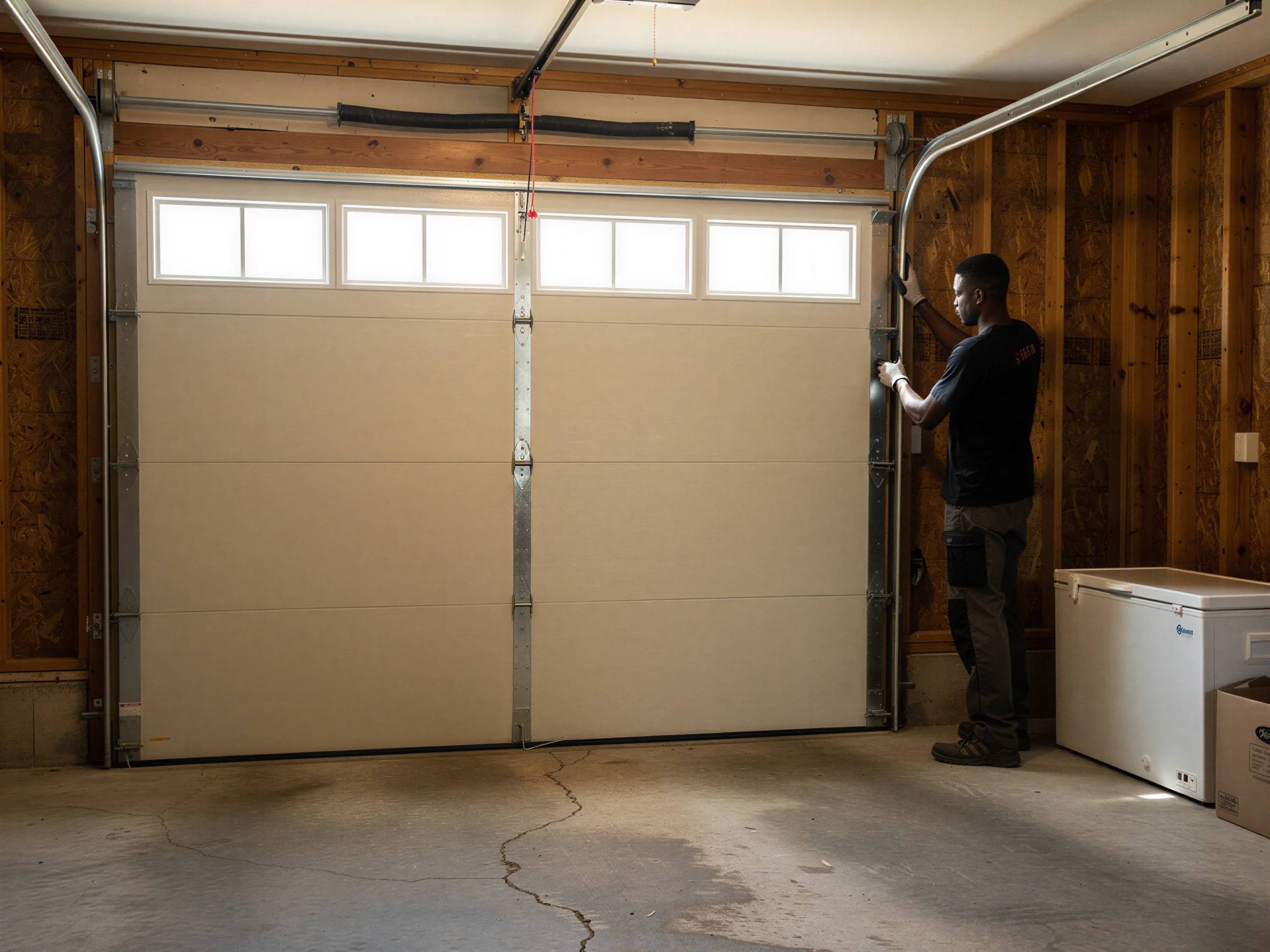 A technician in a black shirt is adjusting a beige garage door with windows.