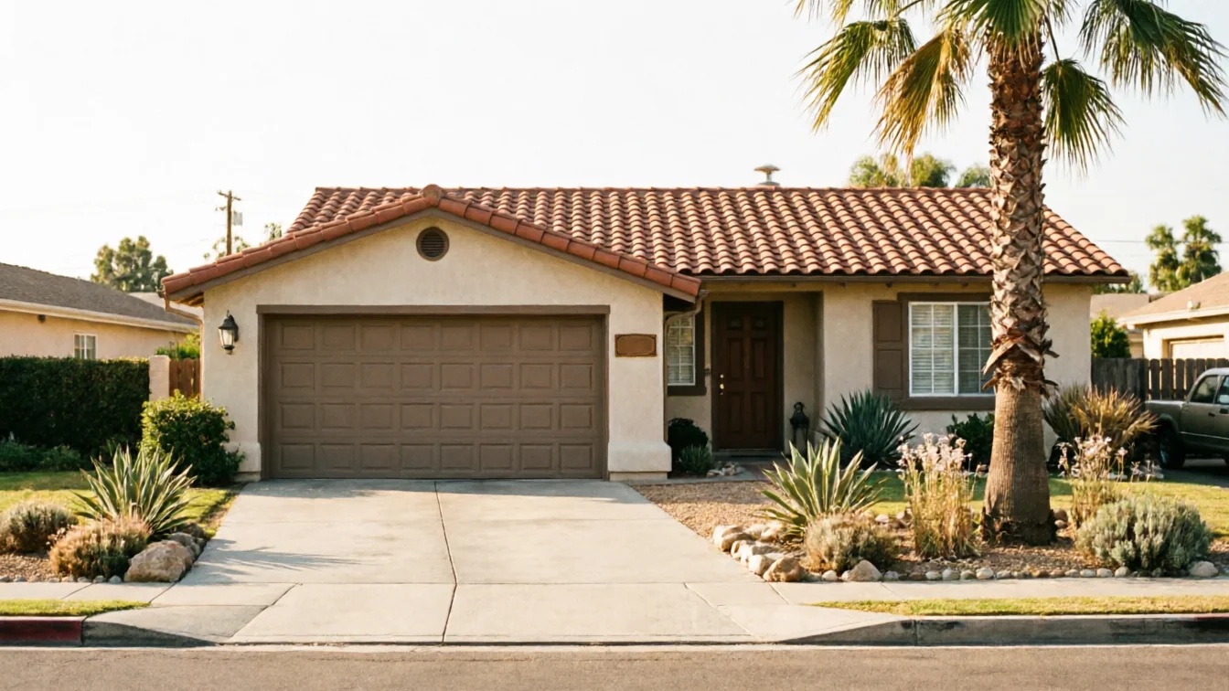A brown garage door on a stucco house with a red tile roof.