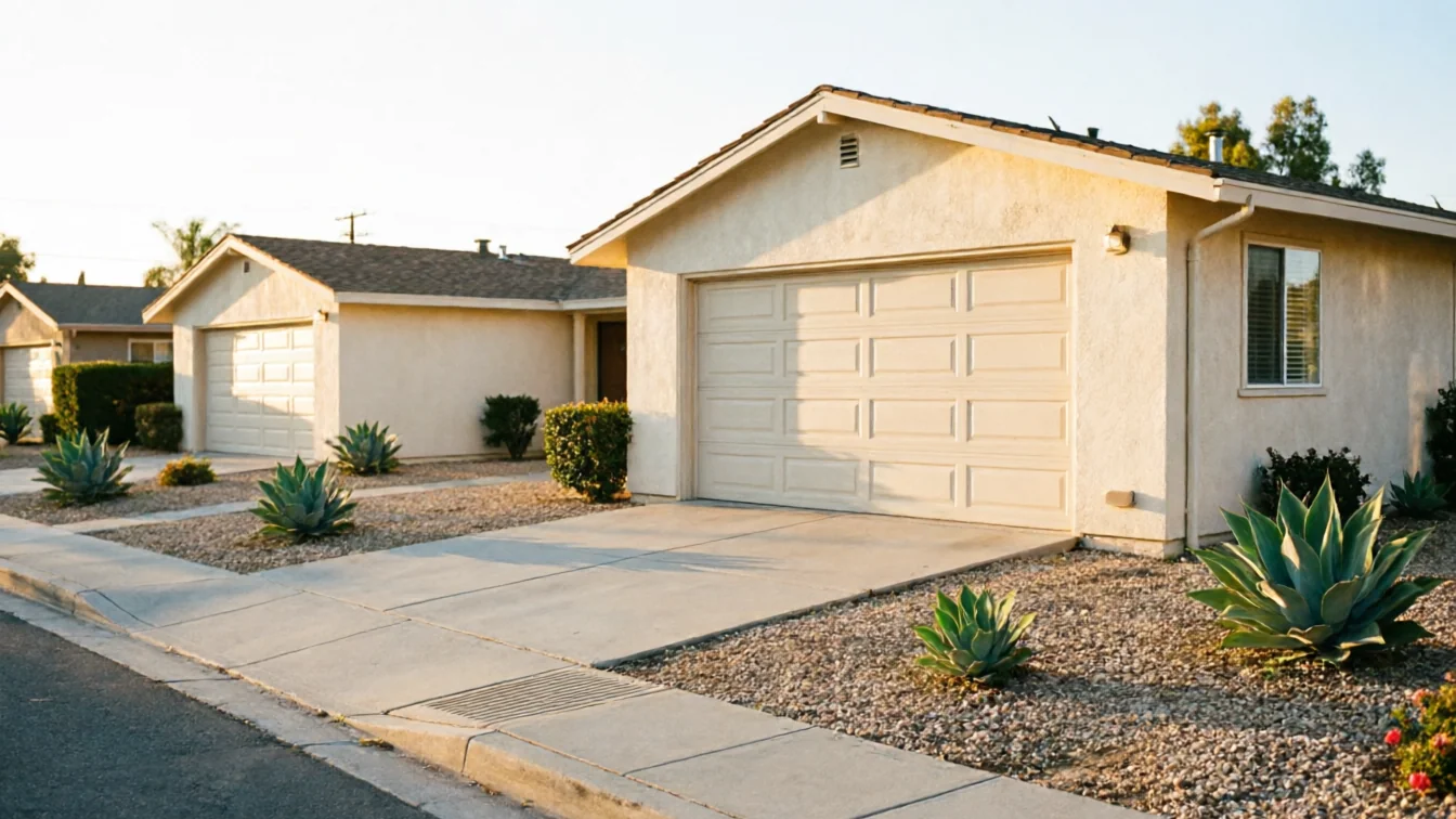 A row of houses with light-colored garage doors and desert landscaping.