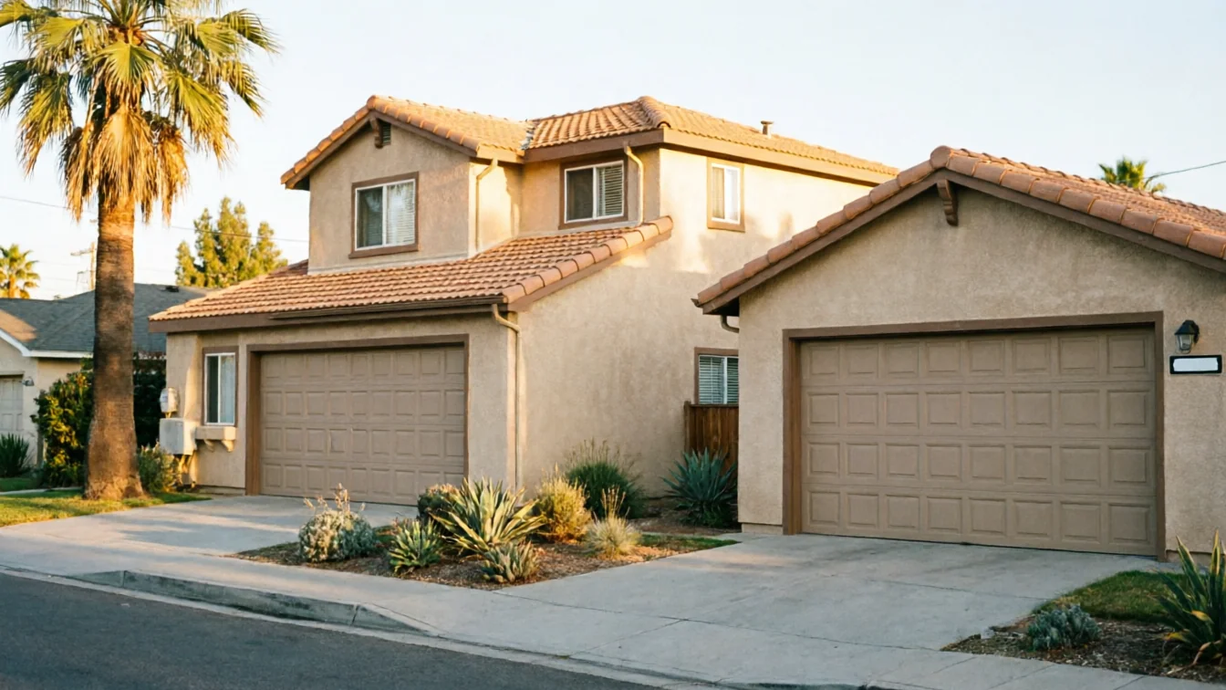 Two beige garage doors are on a stucco house with a palm tree.
